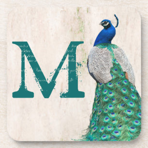 Peacock Vogelveer Blauwgroen Monogram Drink Onderz Onderzetter