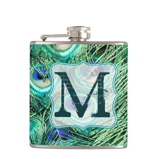 Peacock Vogelveer Blauwgroen Monogram Whiskey Flas Heupfles (Voorkant)