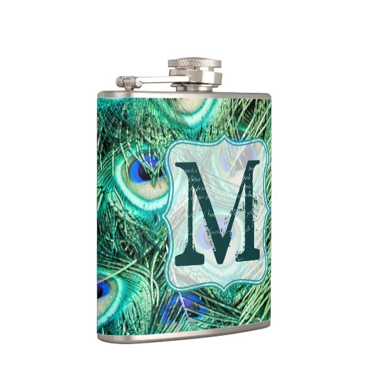 Peacock Vogelveer Blauwgroen Monogram Whiskey Flas Heupfles (Rechts)