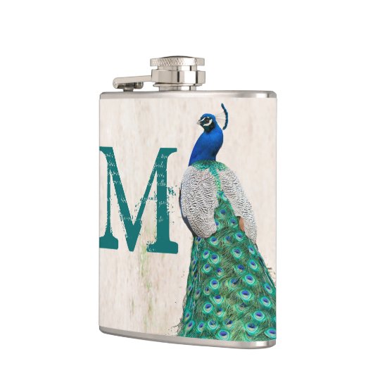 Peacock Vogelveer Blauwgroen Monogram Whiskey Flas Heupfles (Links)