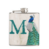 Peacock Vogelveer Blauwgroen Monogram Whiskey Flas Heupfles (Voorkant)