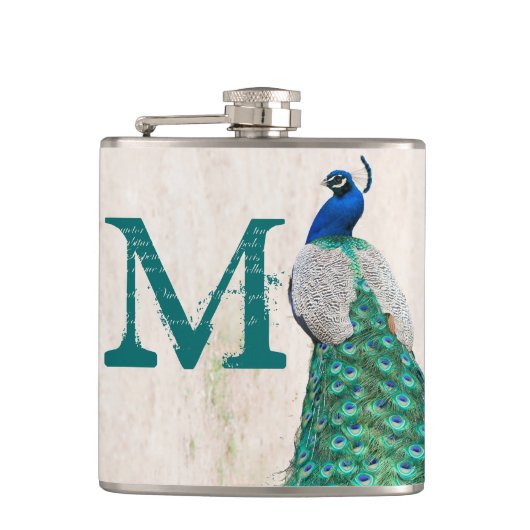 Peacock Vogelveer Blauwgroen Monogram Whiskey Flas Heupfles (Voorkant)