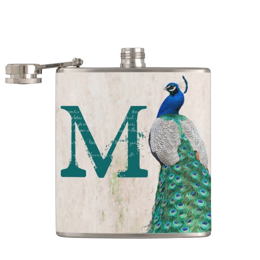 Peacock Vogelveer Blauwgroen Monogram Whiskey Flas Heupfles (Geopend)