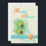 Peacock-vrijgezellenfeest voor sierjuwelen kaart<br><div class="desc">Peacock vether jewel hart bruiloft brudale doucheuitnodiging, met een elegante, pauw-veer in kalkgroen, blauw, turquoise en sinaasappel, een turkooisband en een illustratie van een oranje juweldiamant met goudcontour met rietjes op de damasachtergrond van ivoor ecru. Een modern, stijlvol ontwerp met een klassiek thema met een lichte aanraking van . Let...</div>