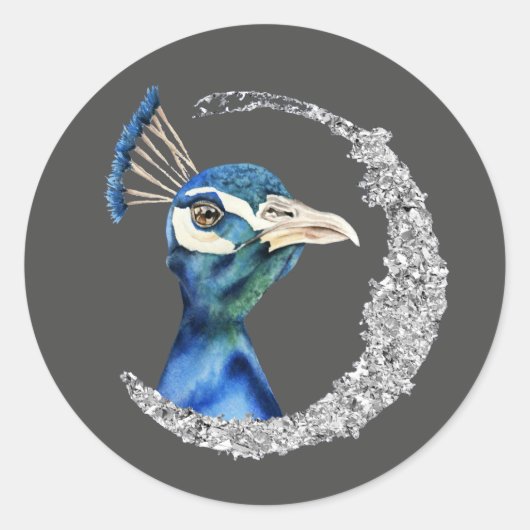 Peacock Waterverf met Faux Silver Glitter Ronde Sticker (Voorkant)