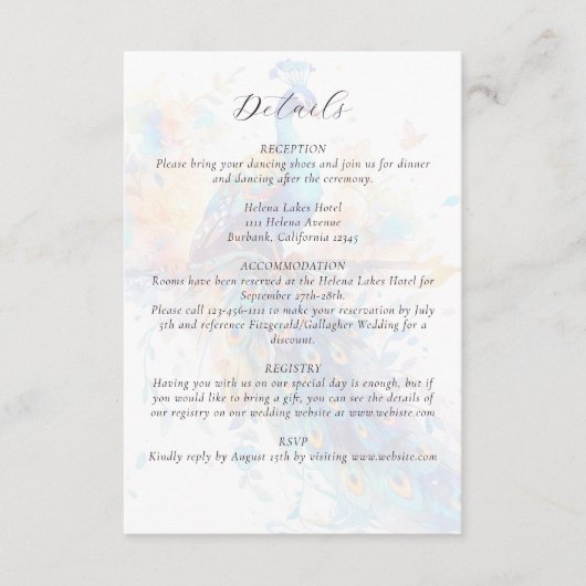 Peacock Wedding Details Informatiekaartje (Voorkant)
