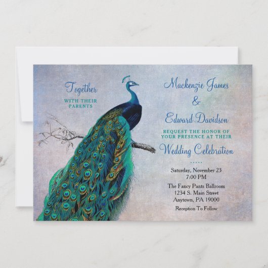 Peacock Wedding Invitation  Blue Elegant Kaart (Voorkant)