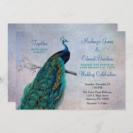 Peacock Wedding Invitation  Blue Elegant Kaart (Voorkant / Achterkant)