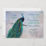 Peacock Wedding Invitation  Blue Elegant Kaart<br><div class="desc">Een elegante huwelijksuitnodiging voor een vredeskok met een  pauw in prachtige huiden op een geschilderde achtergrond.</div>