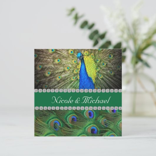 PEACOCK WEDDING INVITATION MET FEATHERS & BLOK KAART (Staand voorkant)