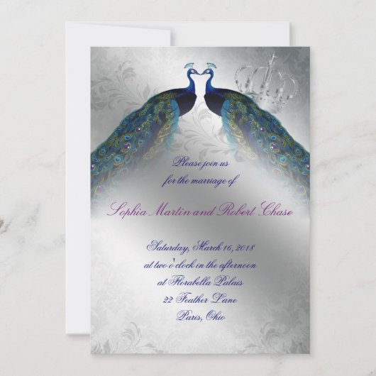Peacock Wedding Invite Blue Silver  Mod Kaart (Voorkant)