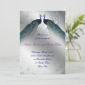 Peacock Wedding Invite Blue Silver  Mod Kaart (Staand voorkant)