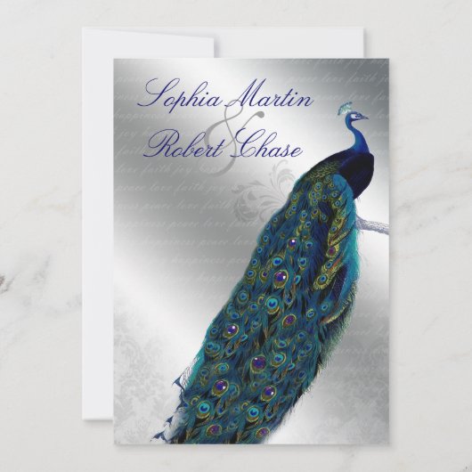 Peacock Wedding Invite Blue Silver  Mod Kaart (Achterkant)