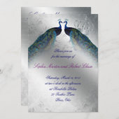 Peacock Wedding Invite Blue Silver  Mod Kaart (Voorkant / Achterkant)