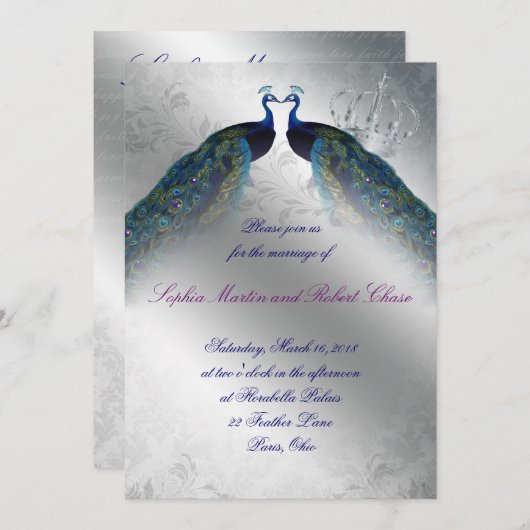 Peacock Wedding Invite Blue Silver  Mod Kaart (Voorkant / Achterkant)