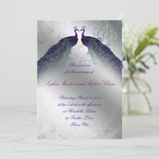 Peacock Wedding Invite Indigo  Silver Kaart (Staand voorkant)