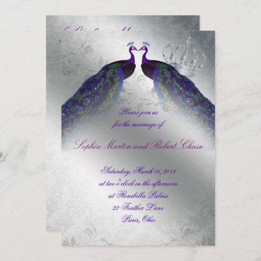 Peacock Wedding Invite Indigo Silver Kaart (Voorkant / Achterkant)