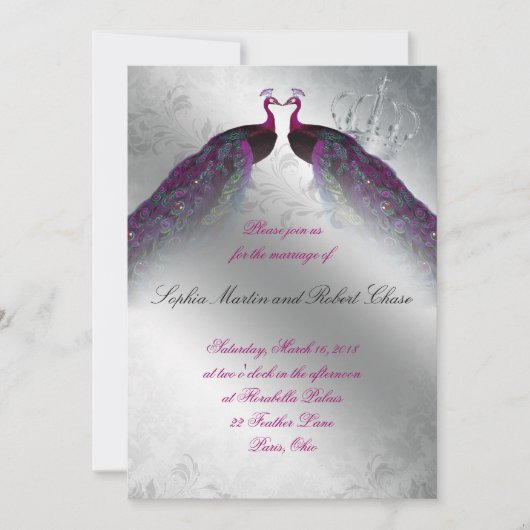 Peacock Wedding Invite Pink  Silver Kaart (Voorkant)