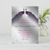 Peacock Wedding Invite Pink  Silver Kaart (Staand voorkant)