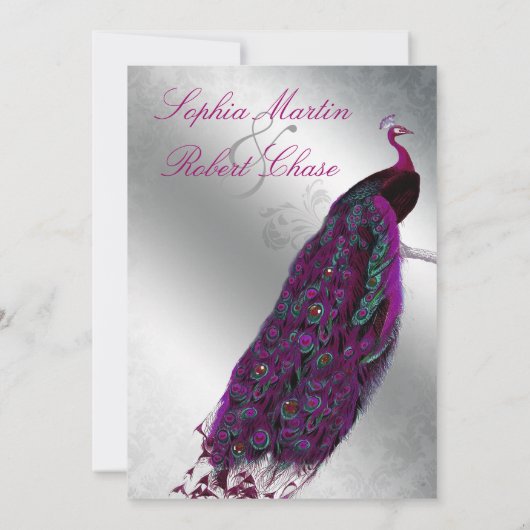Peacock Wedding Invite Pink  Silver Kaart (Achterkant)