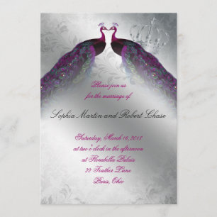 Peacock Wedding Invite Pink  Silver Kaart