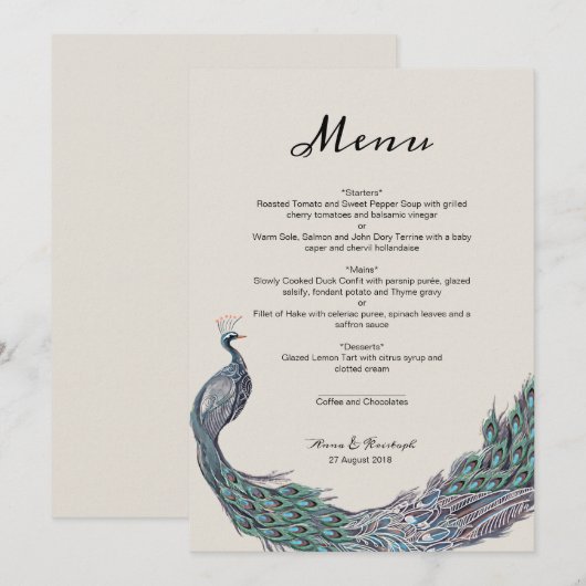 PEACOCK WEDDING MENU-KAART MENU (Voorkant / Achterkant)