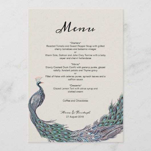 PEACOCK WEDDING MENU-KAART MENU (Voorkant)