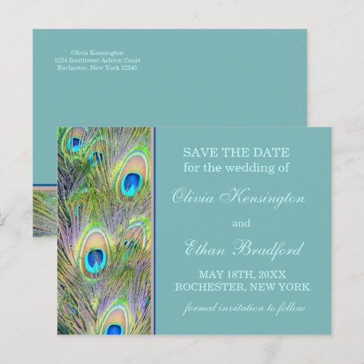 Peacock Wedding Save the Date Aankondigingskaart (Voorkant / Achterkant)