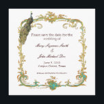 Peacock Wedding Save the Date Invitation<br><div class="desc">Prachtige exotische vredesuitnodiging die mooi is voor bruiloften,  aankondigingen van verlovingen,  feestuitnodigingen en zelfs verjaardagsfeestjes.  en elegant in stijl met een gouden lijst is dit een zeer veelzijdig ontwerp en is  met vele verschillende kleuren achtergronden.  Jij beslist. Als u hulp met het personaliseren contact Greer in greerdesign@aol nodig hebt.</div>