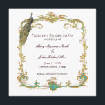 Peacock Wedding Save the Date Invitation<br><div class="desc">Prachtige exotische vredesuitnodiging die mooi is voor bruiloften,  aankondigingen van verlovingen,  feestuitnodigingen en zelfs verjaardagsfeestjes.  en elegant in stijl met een gouden lijst is dit een zeer veelzijdig ontwerp en is  met vele verschillende kleuren achtergronden.  Jij beslist. Als u hulp met het personaliseren contact Greer in greerdesign@aol nodig hebt.</div>