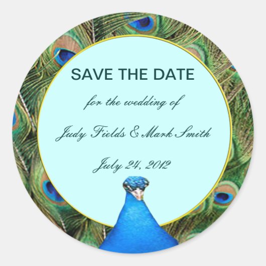Peacock Wedding Save the Date Stickers (Voorkant)