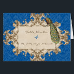 Peacock Wedding Table Number Zitkaarten<br><div class="desc">Deze elegante en gesofisticeerde Dank U Nota mengt het beste van traditie en de versheid van de hedendaagse. Het mengen van kunstelementen en het hedendaagse kunstwerk van de waterverf hand geschilderd door Audrey Jeanne Roberts geeft een prachtige en tijdloze kwaliteit aan deze uitnodiging. Een statelijke Peacock rusteert op elegante, geëtste...</div>