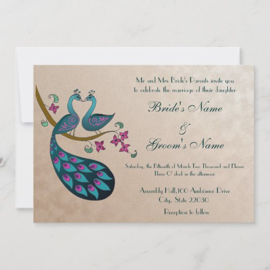 Peacock Wedding-uitnodiging, mauve Kaart (Voorkant)