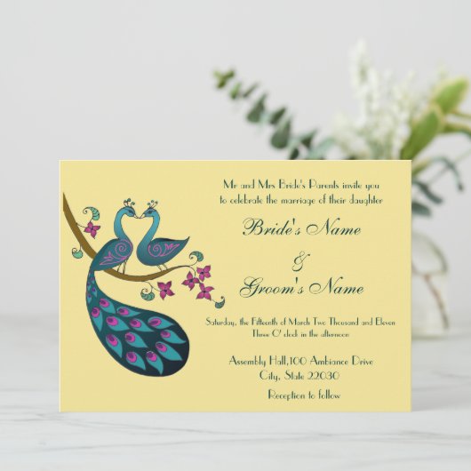 Peacock Wedding-uitnodiging, stro Kaart (Staand voorkant)