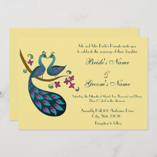 Peacock Wedding-uitnodiging, stro Kaart (Voorkant / Achterkant)