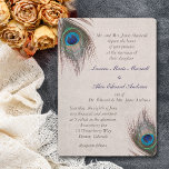 Peacock-zeegrens huwelijk kaart<br><div class="desc">Mooie blauwe, geelbruine en groene vreugdeveren draaien om de linker- en onderste rechterhoeken van deze elegante trouwuitnodiging. Uw douanetekst is in bruin en donkerblauw op het centrum. De afbeeldingen en de tekst worden geplaatst op een onderdruk lichtgrijs gekleurde achtergrond die de kleuren in de veren aanvult. De rug van de...</div>