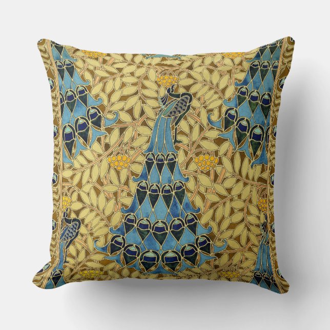 Peacocks Birds Rowan Trees Art Nouveau Kussen (Voorkant)