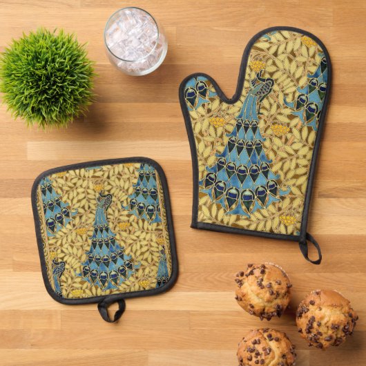 Peacocks Birds Rowan Trees Art Nouveau Ovenwant & Pannenlap Set (Top down)