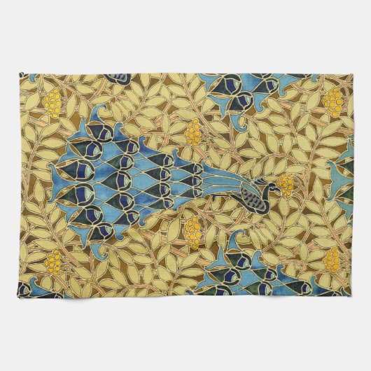 Peacocks Birds Rowan Trees Art Nouveau Theedoek (Horizontaal)