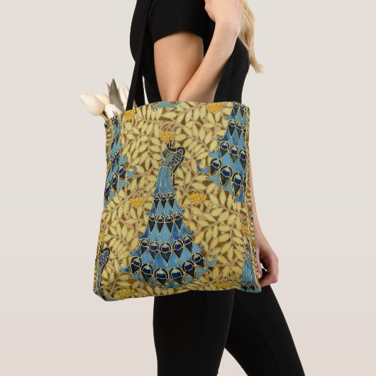 Peacocks Birds Rowan Trees Art Nouveau Tote Bag (Dichtbij)