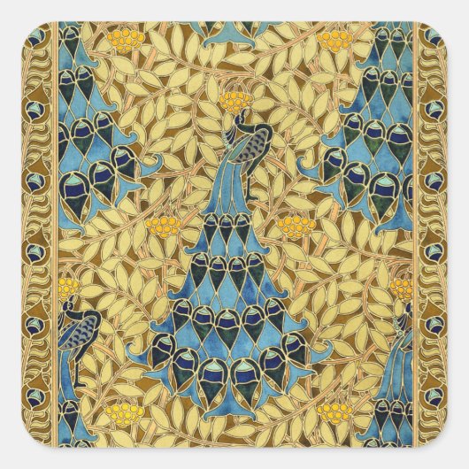 Peacocks Birds Rowan Trees Art Nouveau Vierkante Sticker (Voorkant)