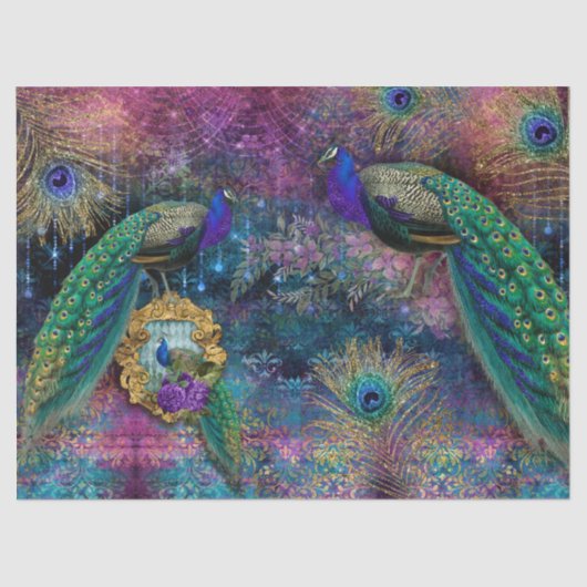 Peacocks Elegant Feathers Glitter Pink Decoupage Tissuepapier (Voorkant)