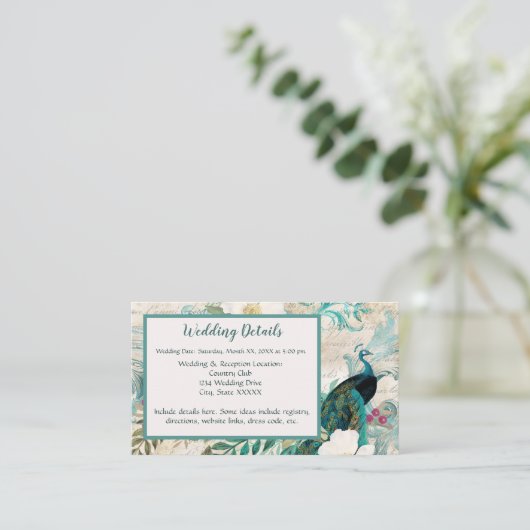 Peacocks en Flowers Blauwgroen, Ivoor, en Gouden B Informatiekaartje (Staand voorkant)