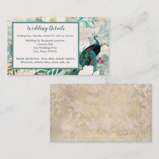 Peacocks en Flowers Blauwgroen, Ivoor, en Gouden B Informatiekaartje (Voorkant / Achterkant)