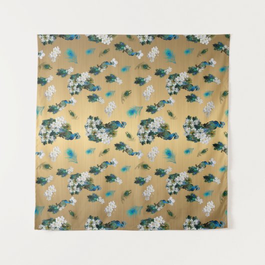 Peacocks en veren op Gold Fabric Print Wandkleed (Voorkant (horizontaal))