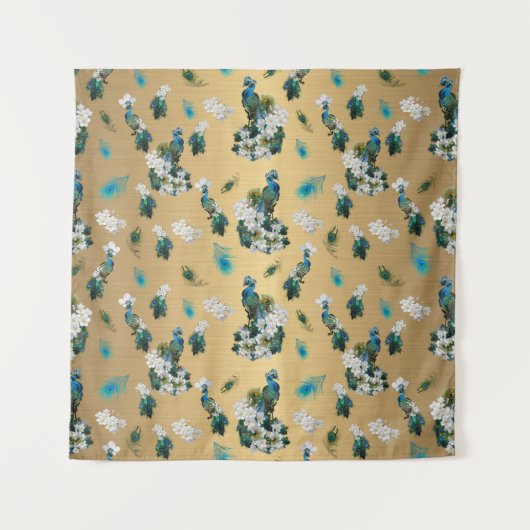 Peacocks en veren op Gold Fabric Print Wandkleed (Voorkant)