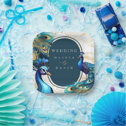 Peacocks Feathers Wedding Papieren Bordje (Feest)