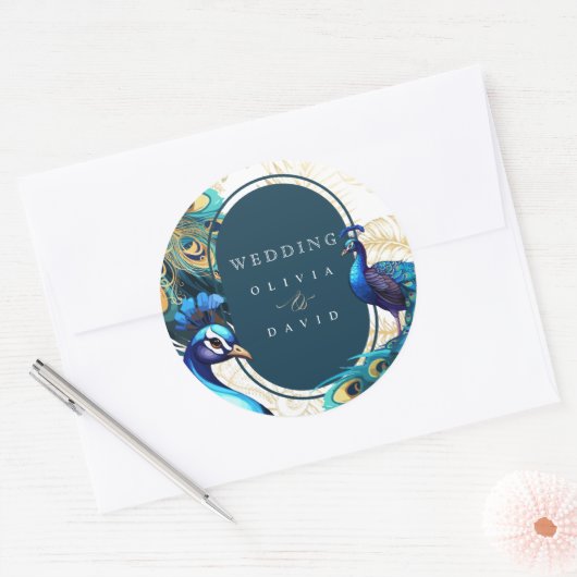 Peacocks Feathers Wedding Ronde Sticker (Envelop)