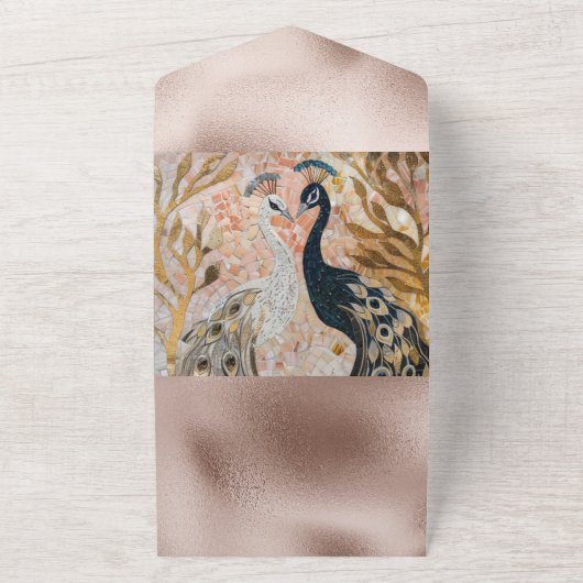 Peacocks Gold Blush Roos Bruiloft All In One Uitnodiging (Buitenkant)