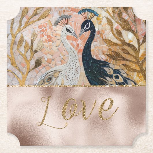 Peacocks Gold Glitter Love Blush Roos Bruiloft Kartonnen Onderzetters (Voorkant)